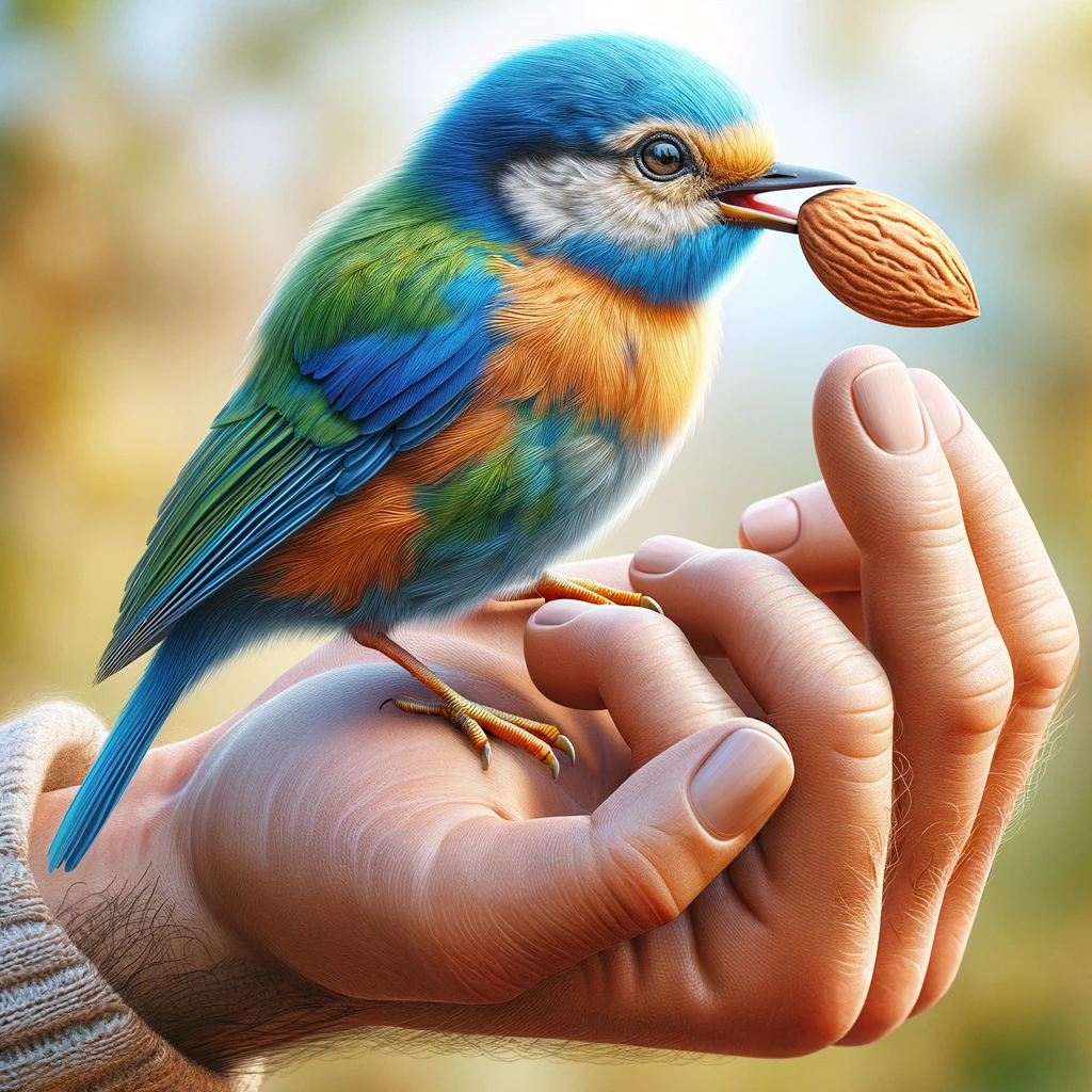 Bird Eating An Almond while on humans hand